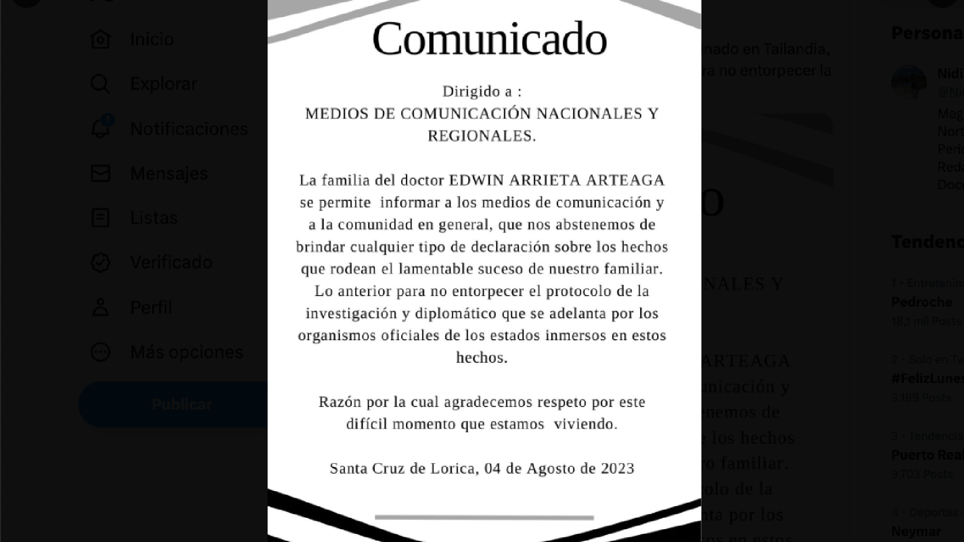 El comunicado de la familia de Edwin Arrieta 