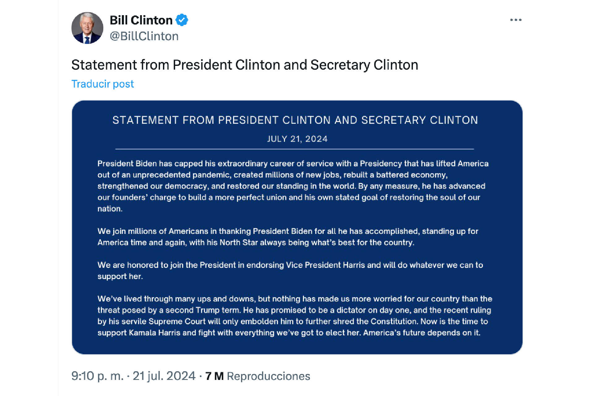 Hillary and Bill Clinton support Kamala